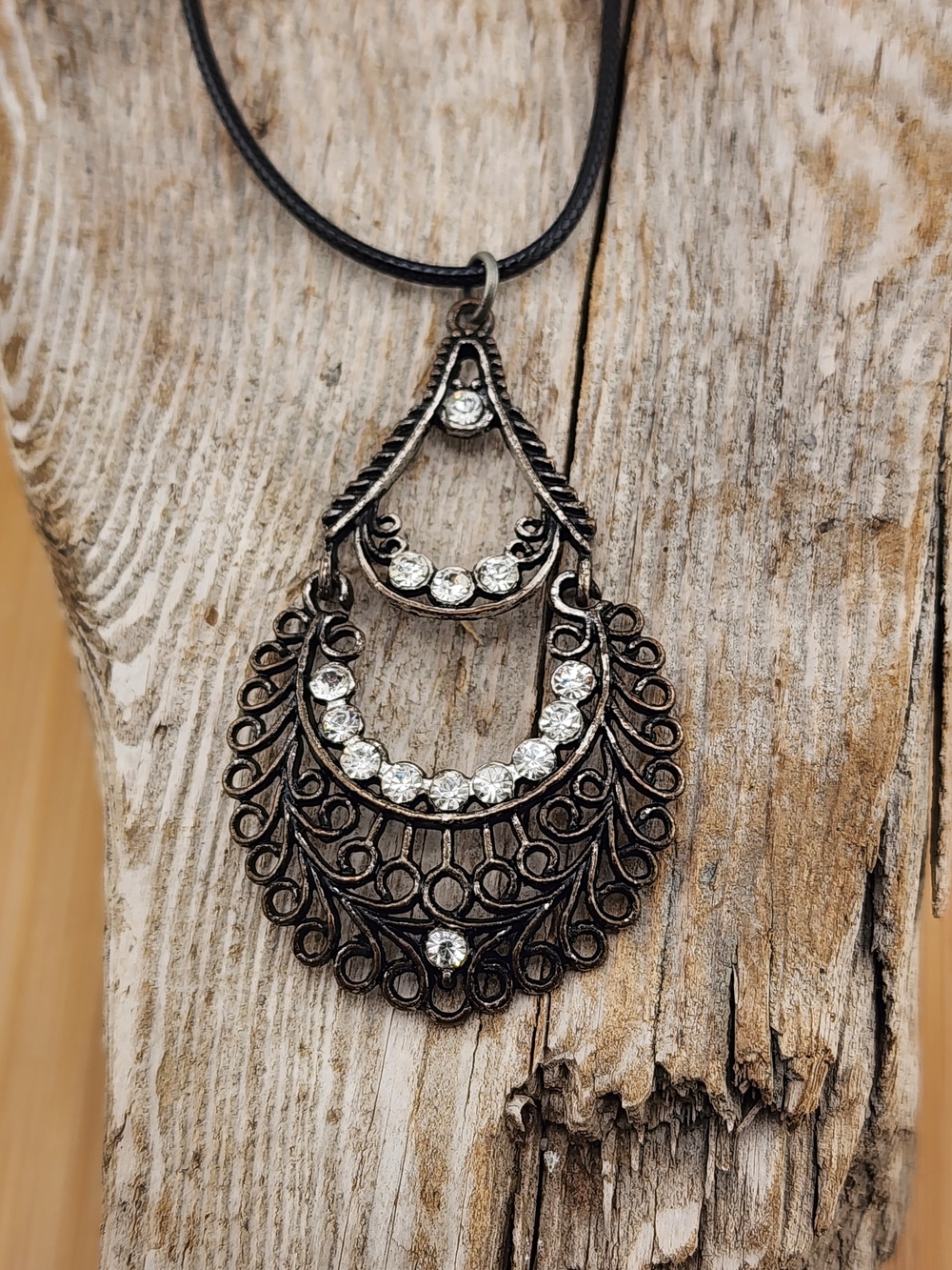 18in Adjustable Filigree Teardrop Pendant Necklace with Clear Crystals - Black